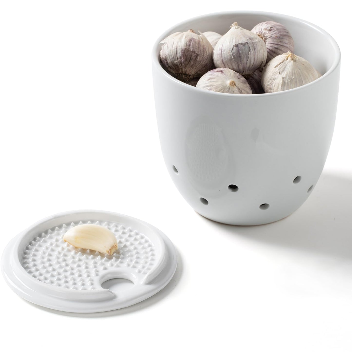 ABESTWARE Garlic Keeper with Lid, Garlic Holder with Ginger Grater, Ceramic Garlic Keeper, Modern Kitchen Countertop Organizer