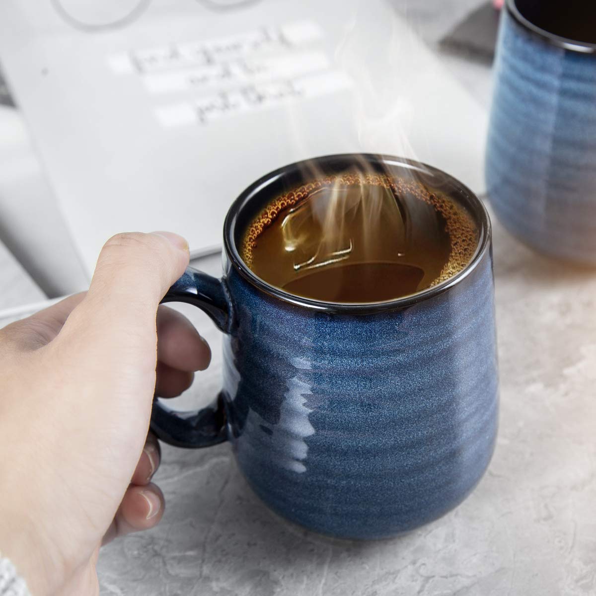 HASENSE Coffee Mugs Set of 4, 15 Ounce Porcelain Mug Set with Handle for Morning Coffee Tea and Cocoa, Ceramic Coffee Cups with Beautiful Glaze for Men, Women, Navy