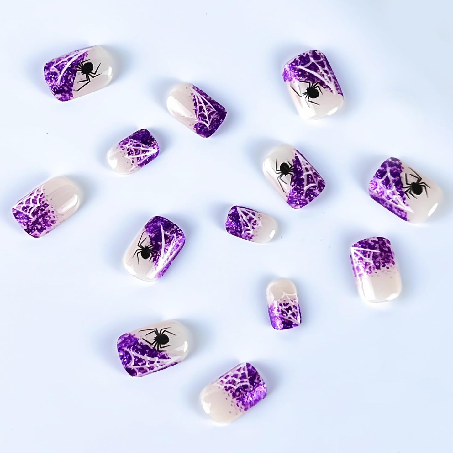 24Pcs Halloween Glitter French Tips Press on Nails Short Square Shaped Purple Fake Nails Horror Spider False Nails with White Spider Web Designs Halloween Acrylic Nails for Women DIY Manicure