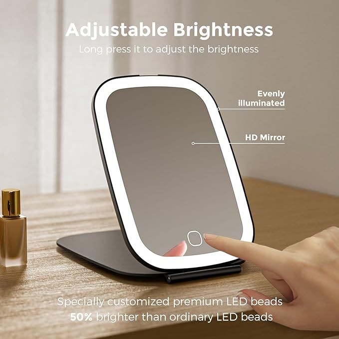 Rechargeable Travel Mirror with Light, Portable Mirror, 3 Color Light, 7.5 inch LED Folding Makeup Mirror (Black)