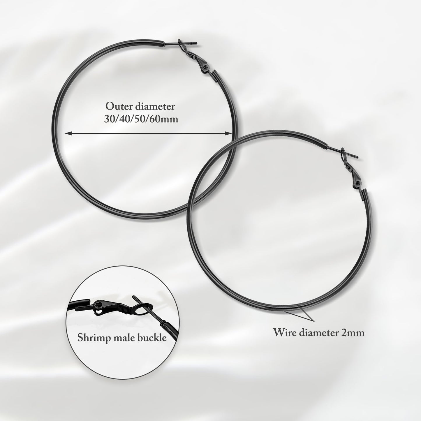 PICKBEAU Black Large Hoop Earrings for Women | 14K Plated Hypoallergenic Big Round Circle Hoops Stainless Steel Womens Loop Dangle Earrings Set (30/40/50/60mm)