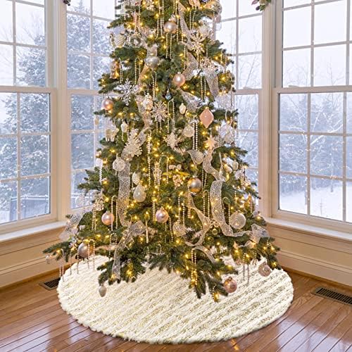 Christmas Tree Skirt White Bronzing Luxury Faux Fur Tree Skirt (Gold 48in)