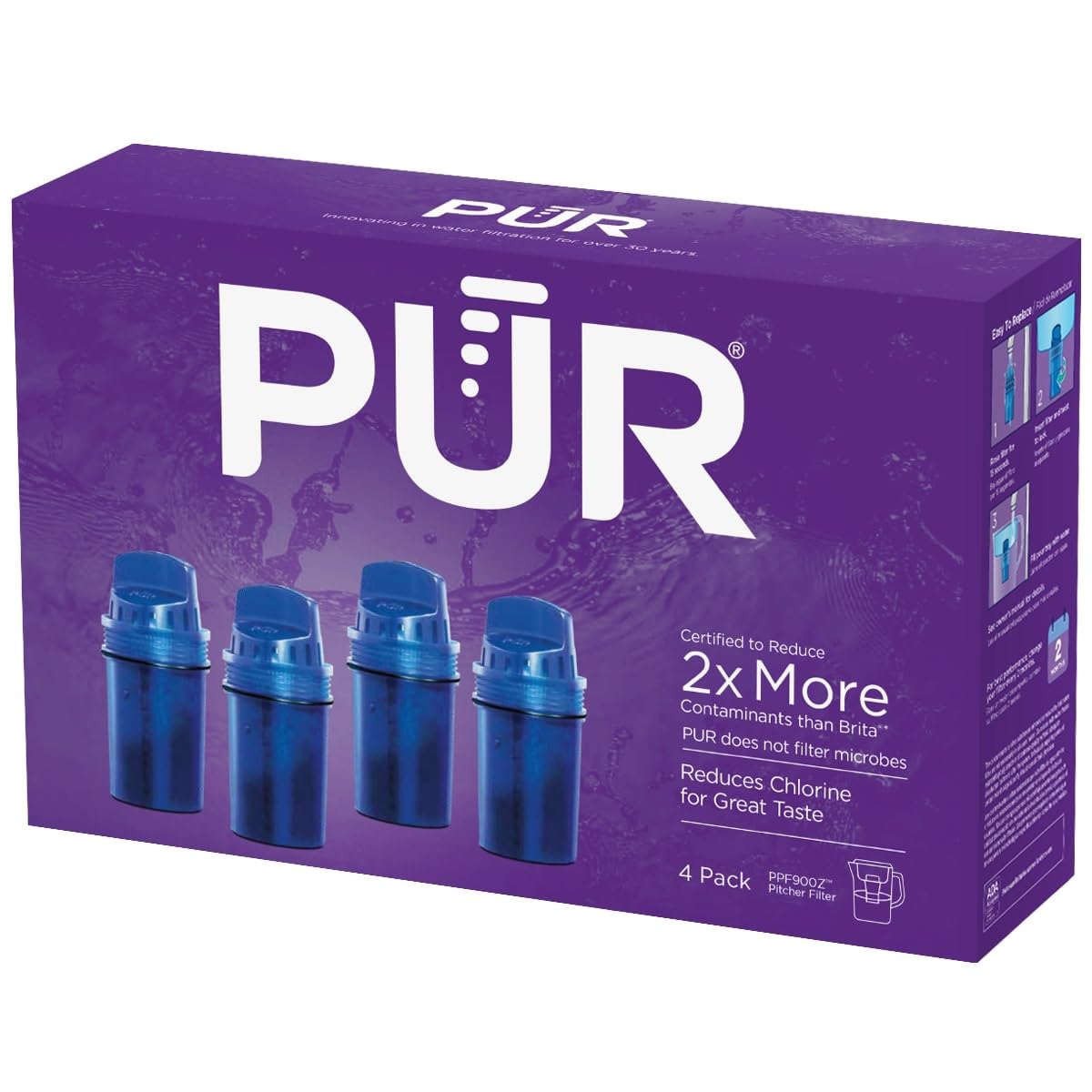PUR Water Pitcher & Dispenser Replacement Filter 4-Pack, Genuine PUR Water Filter, 2-in-1 Powerful and Faster Filtration, 8-Month Value, Blue (PPF900Z4)