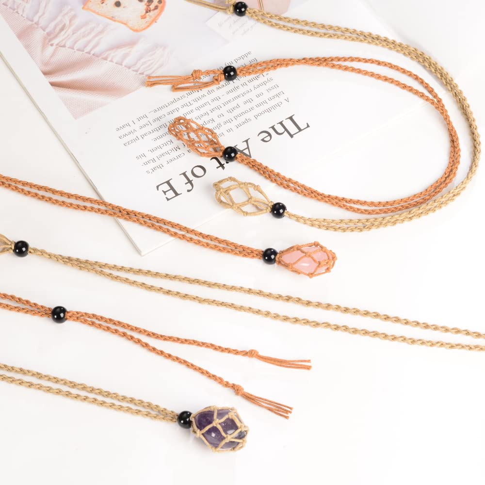 Anjiucc 12 PCS Crystal Cage Necklace With Adjustable Length - Empty Stone Pendant Holder Replacement Hand-Woven Cord (Coffee + Khaki)