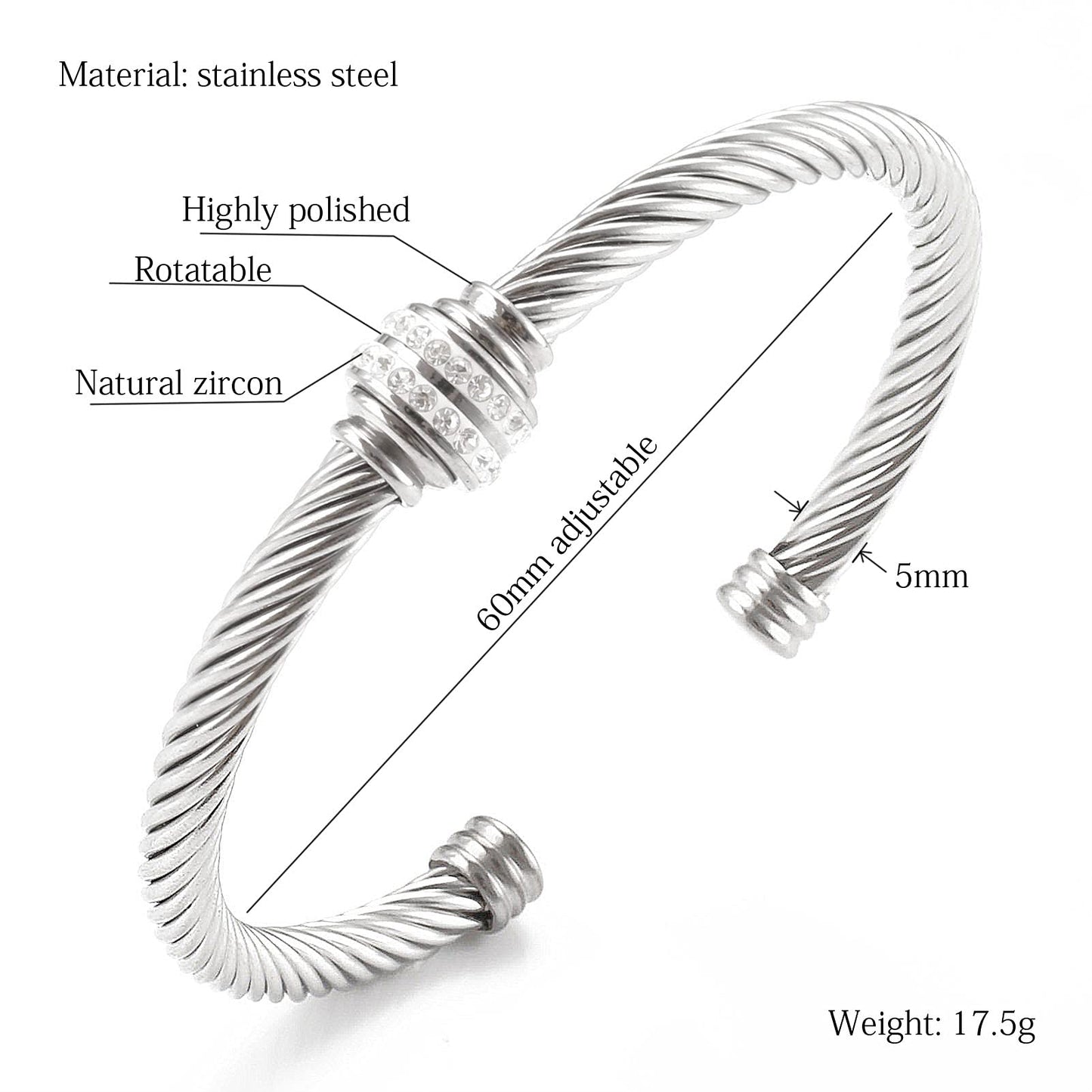 kaluoer Cable Two Tone Stainless Steel Retro Twisted Wire Bangle Bracelet, Adjustable Cuff Bangle Bracelet, Suitable, Mother, Wife, Valentine's Day (Silvery)