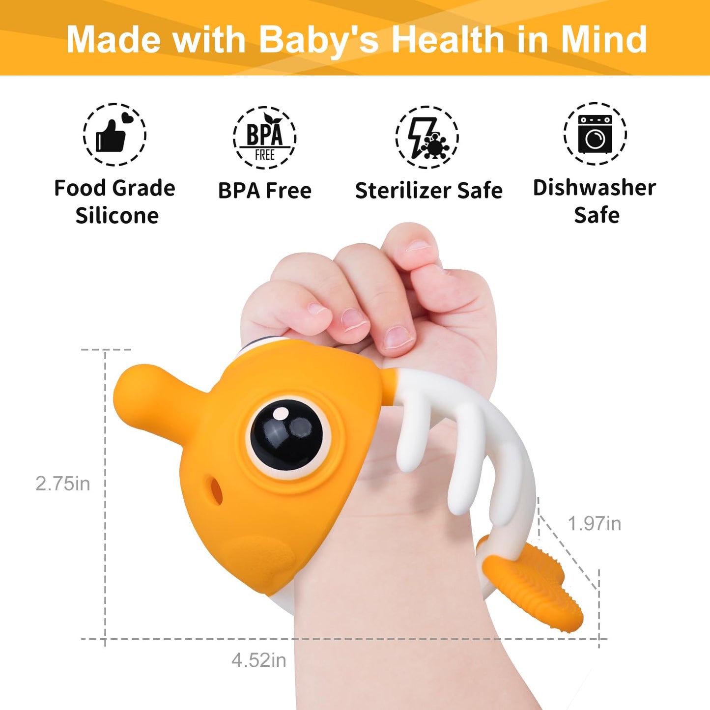 Mombella Clownfish Teethers for Babies 3-6 Months, Baby Teething Toys 6-12 Months with Lanyard to Attach on, Silicone Tether with Different Textures to Gnaw, Ergonomic for Little Hands, Saffron