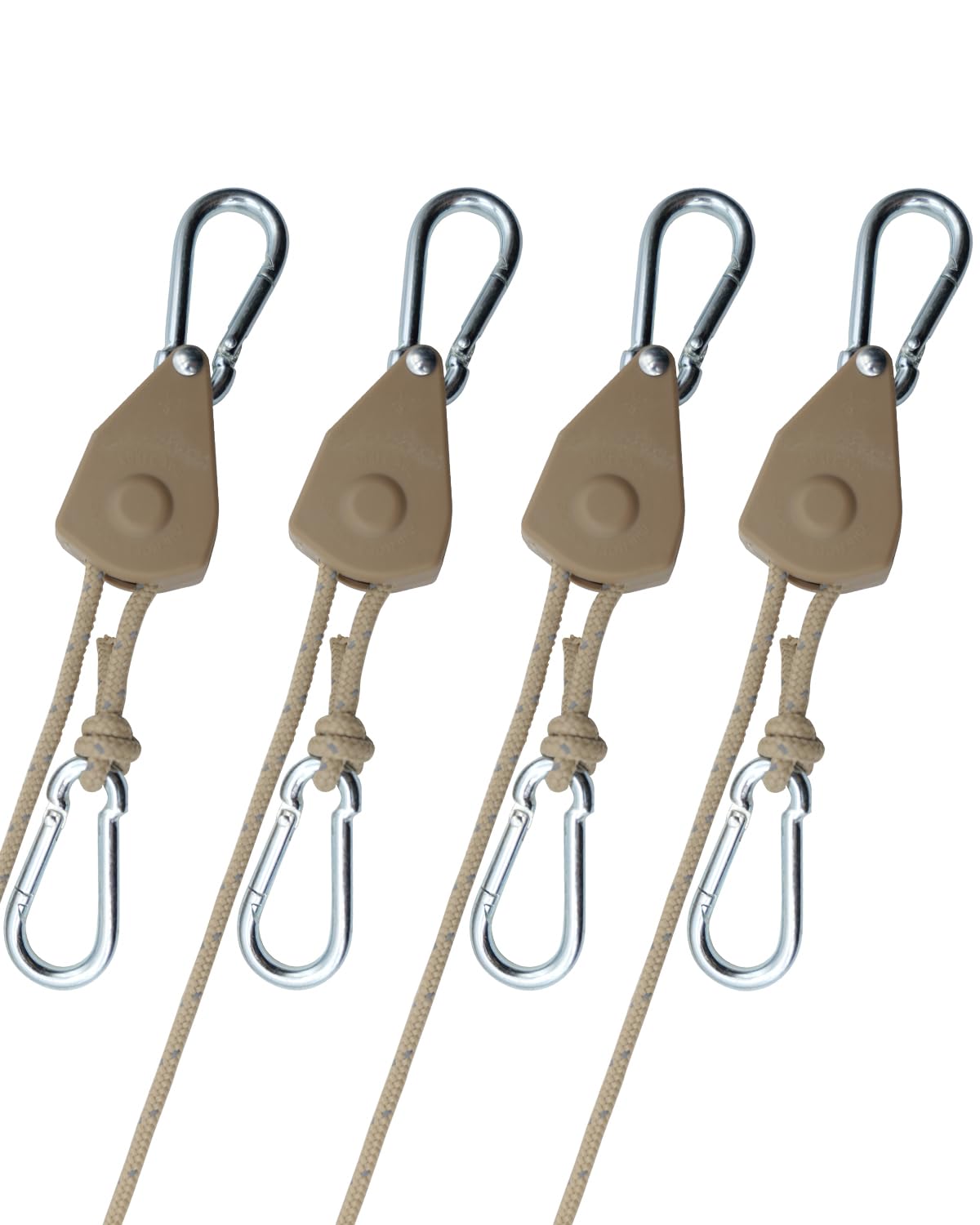 Keovoker 4Pack Retractable Ratchet Tie Down Straps, 13 Ft 1/8” Adjustable Rope Roller, Heavy Duty Ratcheting Pulley System with 2 Carabiner Hook, for Xmars Decor, Hanging Plants, Grow Lights