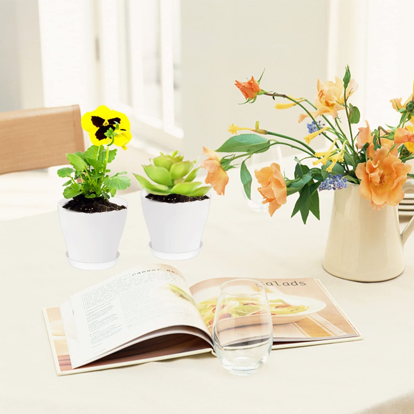 24 Set 4 Inch White Plant Nursery Pots,Plastic Planters Succulent Container with Trays and Drainage Holes for Indoor Outdoor Small Plants,Herbs,Seeds