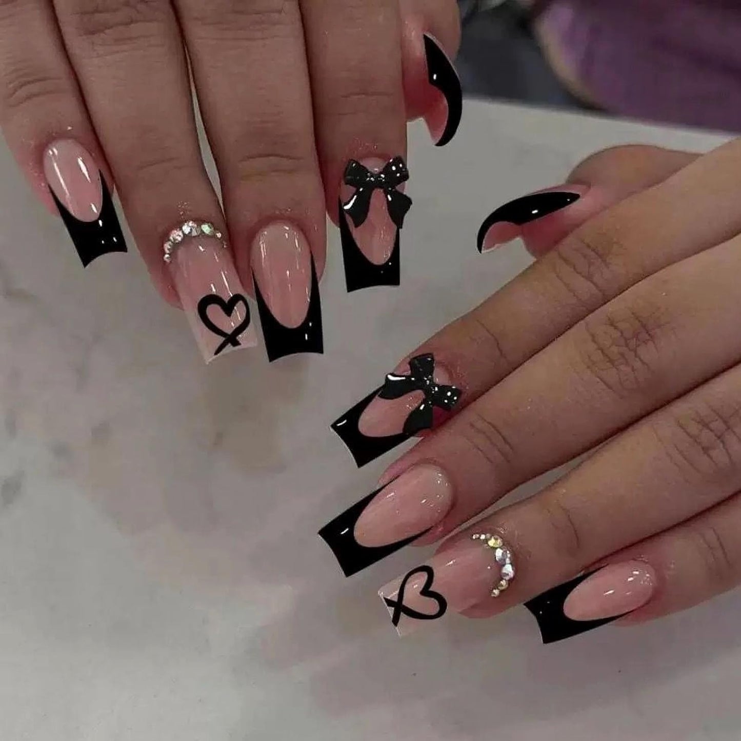 MISUD Press on Nails - Long Square Glue on Nails with Black French Tip, Acrylic Heart Bow Design 24 pcs