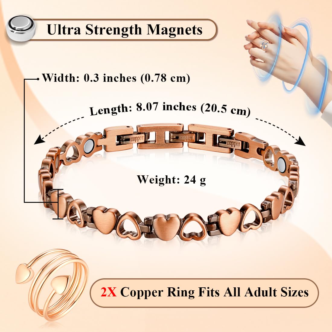 Vicmag Copper Bracelet for Women Ultra Strength Magnetic Bracelets with Effective Magnets 99.9% Pure Copper Jewelry Present with Adjustment Tool