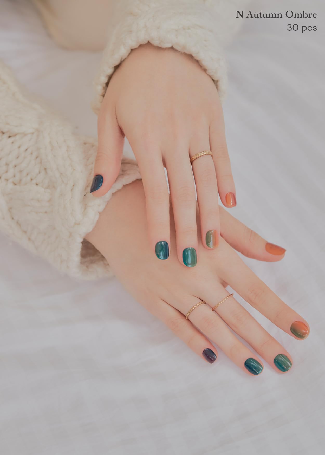 ohora Semi Cured Gel Nail Strips (N Autumn Ombre) - Green/Brown, Works with Any UV/LED Lamps, Salon-Quality, Long Lasting, Easy to Apply & Remove - Includes 2 Prep Pads, Nail File & Wooden Stick