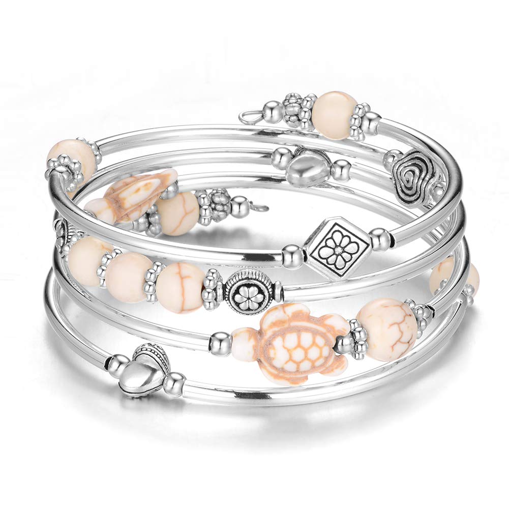 BULINLIN Layered Wrap Bangle Turquoise Bracelet - Bead Bracelet with Natural Agate Stone, Gifts For Women (17-White turtle bracelet)