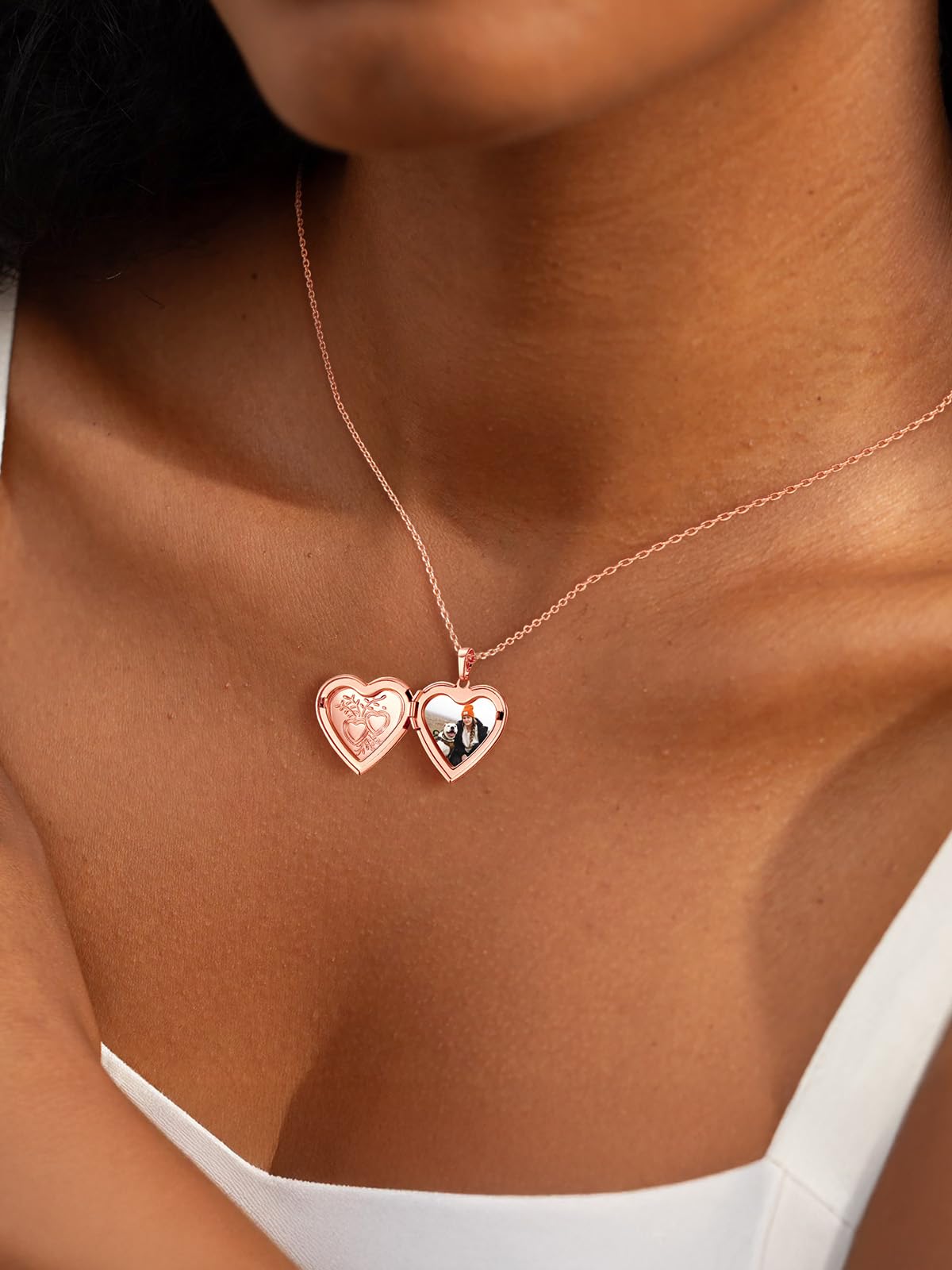 U7 Women Rose Gold Plated Heart & Heart Photo Locket Necklace That Hold Picture, with Gift Box