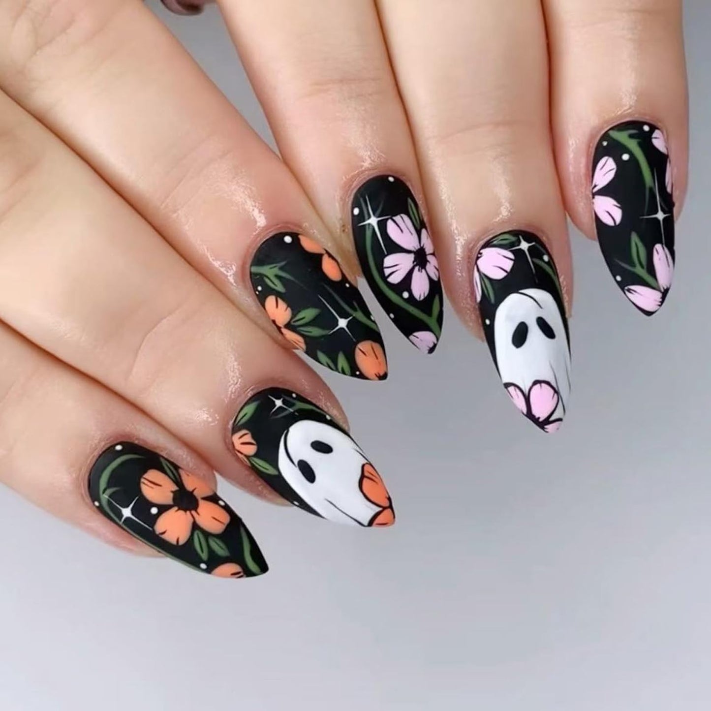 IMRAIN Halloween Press on Nails - Medium Almond Fake Nails with Ghost & Pink Orange Flower Design Full Cover Artificial Matte Black Cute False Nails for Women Manicure 24Pcs