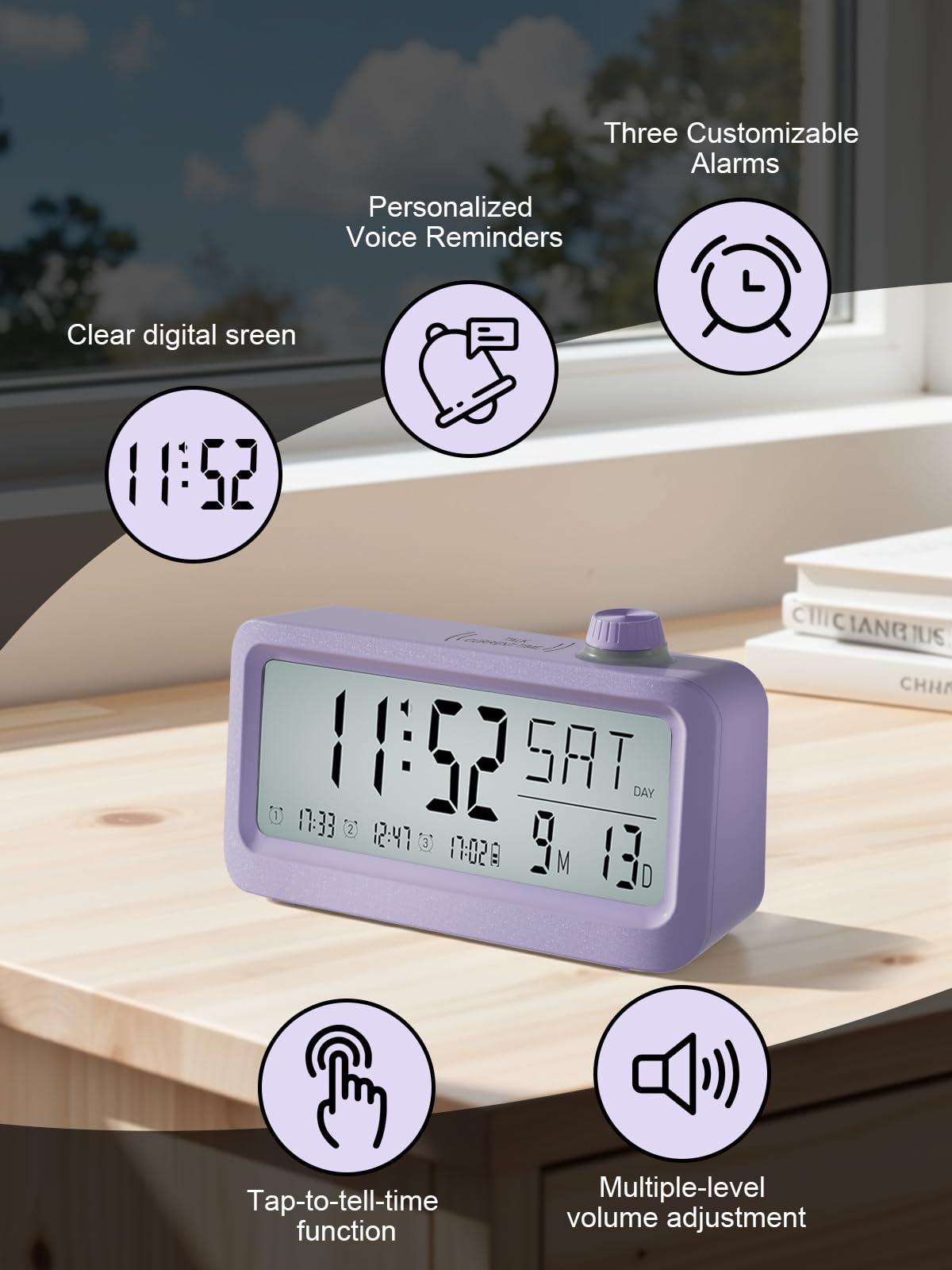 Bovintex Medication Pill Reminder, Rechargeable Talking Alarm Clock with 3 Custom Voice Recording Alarms, Touch-to-Talk, a Digital Alarm Clocks Gift for Mom/Dad/Seniors/Elderly(Pruple)