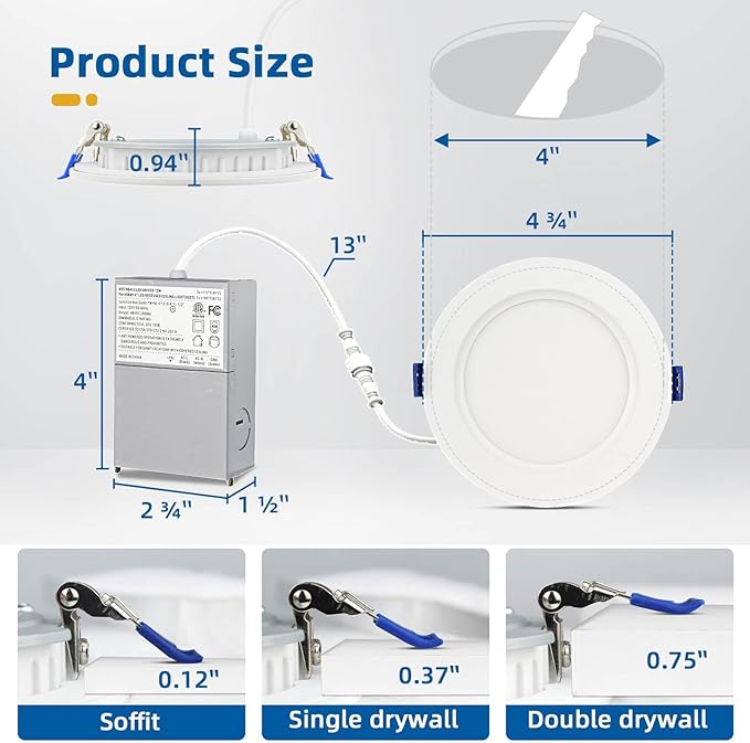 4 Pack Recessed Lighting 4 inch, 3000K Ultra-Thin LED Canless Recessed Lighting, Retrofit Dimmable Recessed Lights, 1200LM 12W=150W Wafer Lights - ETL & Energy Star Certified