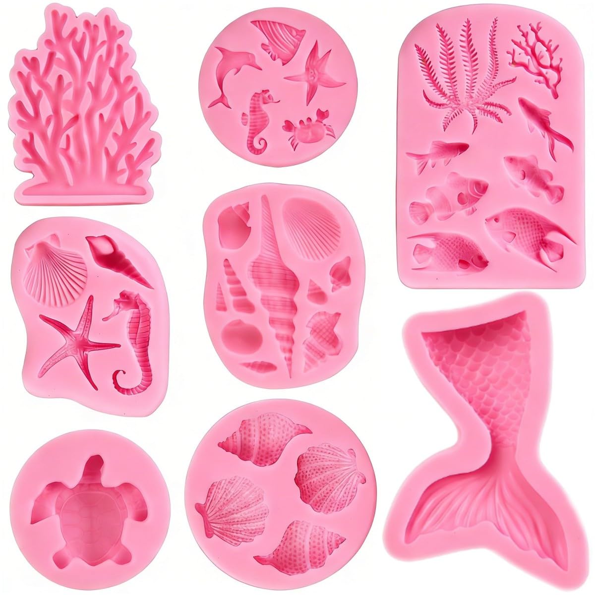 8 PCS Marine Theme Fondant Silicone Mold Seashell Seaweed Sea Fish Coral Conch Sea Turtle Shape DIY Handmade Baking Tools for Cake Cookie Chocolate Candy Decoration Crafts Polymer Clay