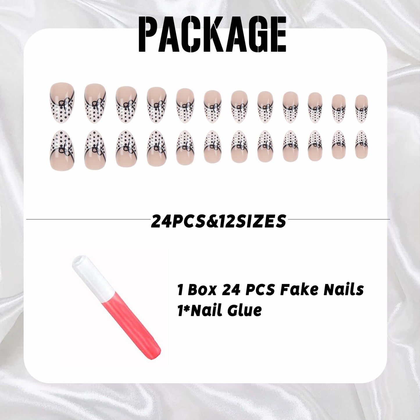 IMSOHOT Press on Nails, Black & White, Polka Dot Pattern Design, Medium Almond Fake Nails, French Tips Glossy Acrylic False Nails, Full Cover Cute Glue on Nails | 12 Sizes - 24 Nail Kit