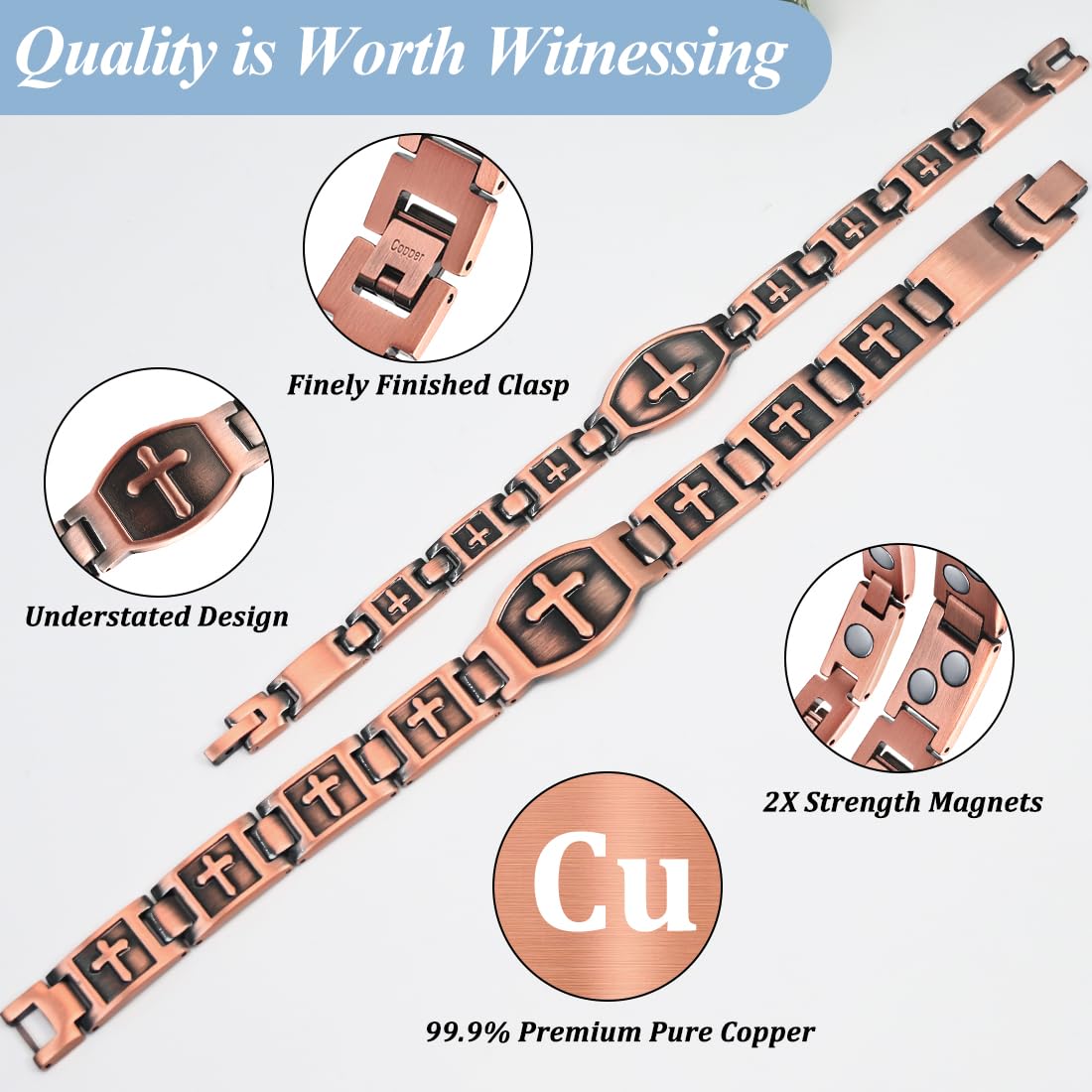 Vicmag 2PCS Men Copper Magnetic Bracelets for Couple Double Row 99.9% Solid Pure Copper Cross Bracelet Gift with Adjustment Tool