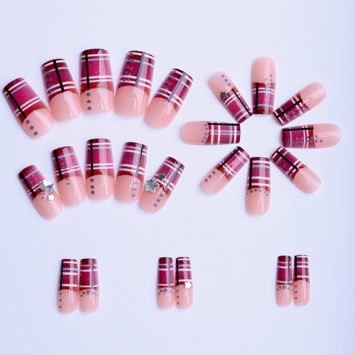 plalely Square Press on Nails Long Purple Fake Nail Acrylic Nail Press ons Stripes Stick on Nails for Women 24pcs