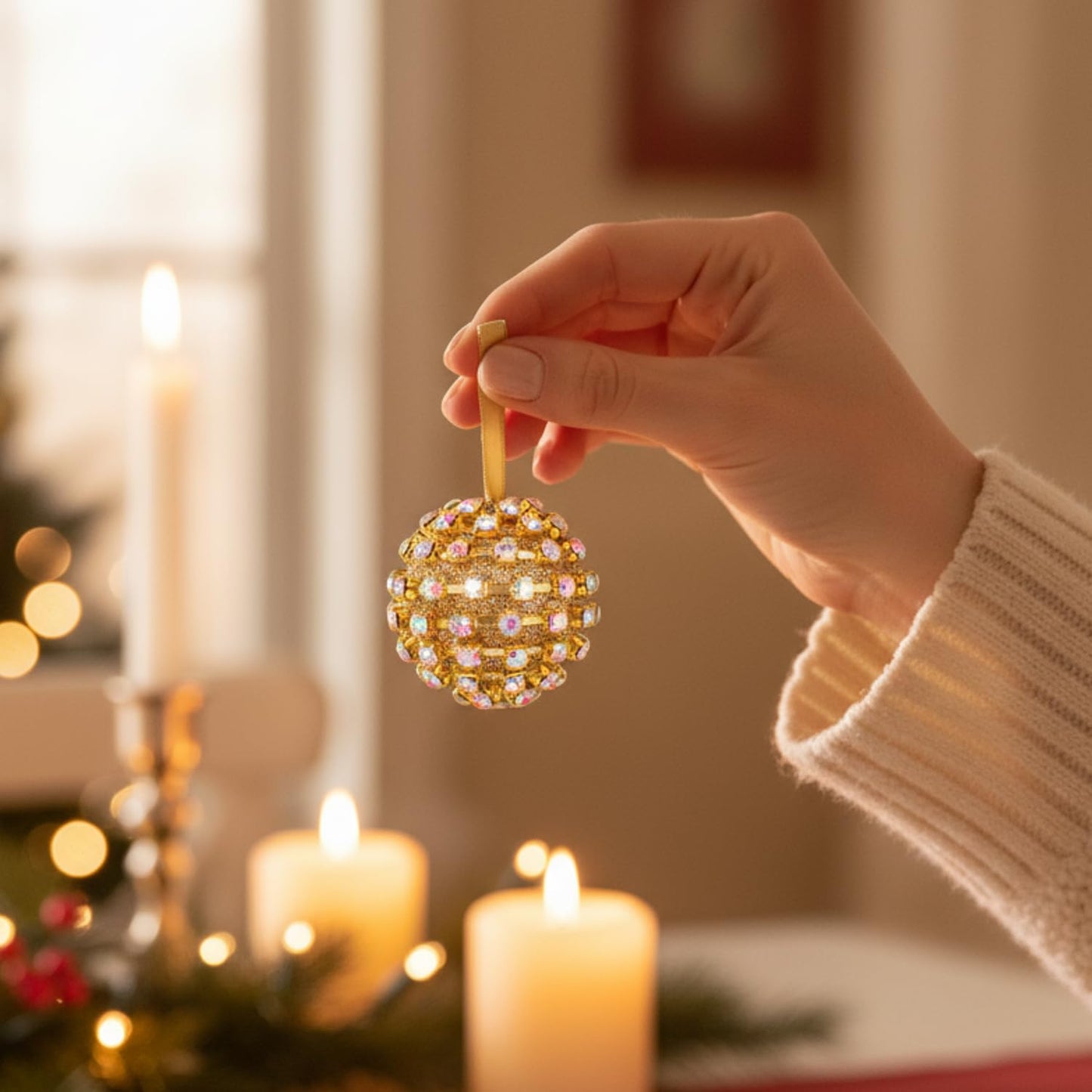 XMIAOX Iridescent Crystal Rhinestone Ball Ornaments, 4 Pack Handcrafted Sparkling Christmas Tree Decorations, Hanging Ornaments for Holiday & Home Décor in Luxury Gift Box