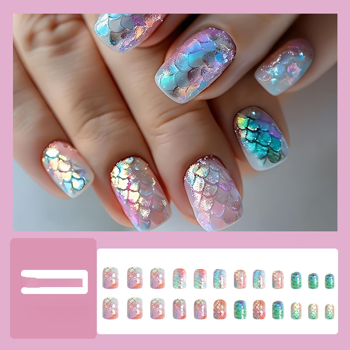 24Pcs Summer Press on Nails Short Square Fake Nails Glitter Mermaid Full Cover False Nails 3D Fish Scale Iridescence Design Beach Glue on Nails Cute Acrylic Nails Glossy Ocean Stick on Nails for Women