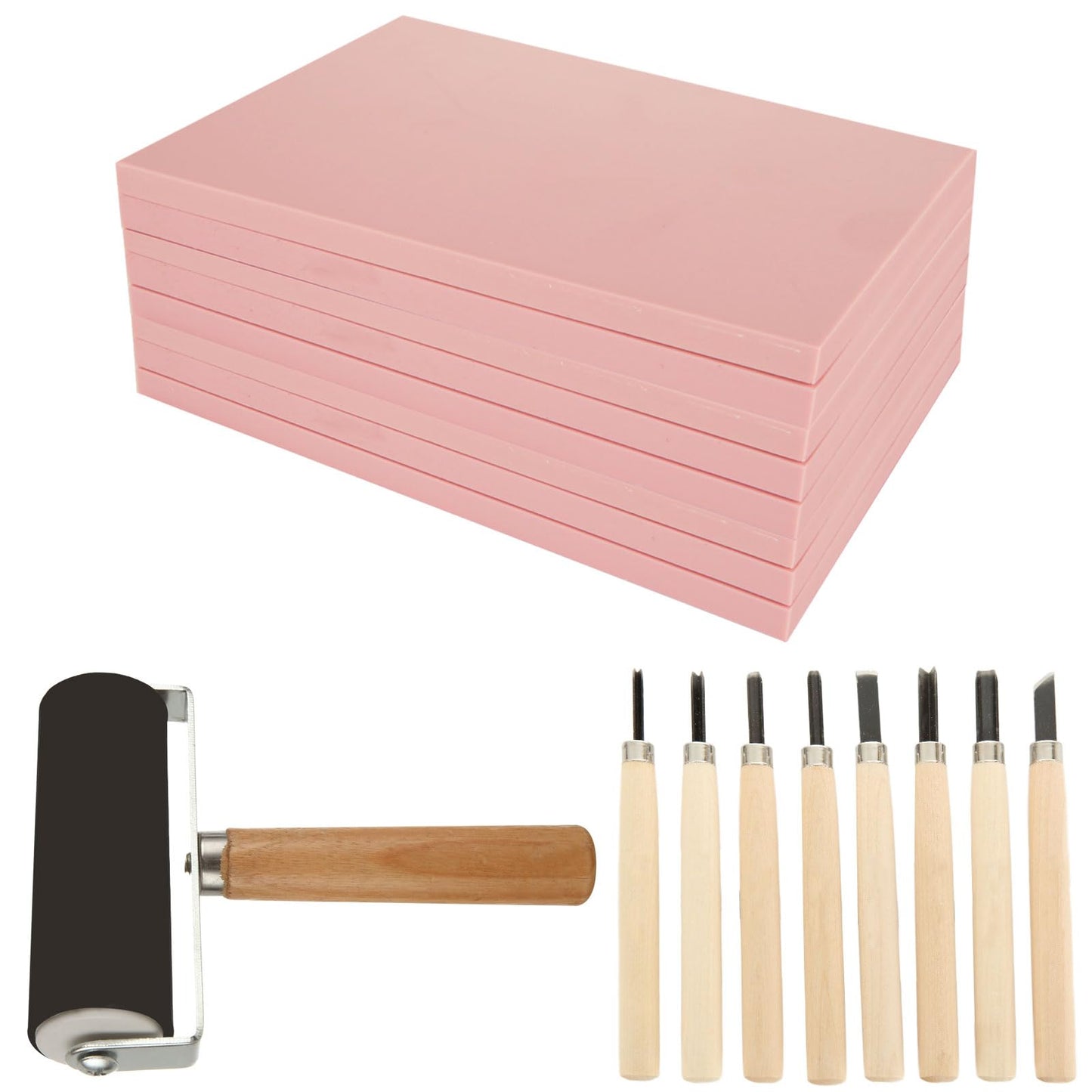 DIRBUY 10 Pack Rubber Stamp Making Kit - Block Printing Kit，Linoleum Carving Tools with 8 Type Blades, 8 Pcs Pink Rubber Carving Block and Rubber Brayer Roller