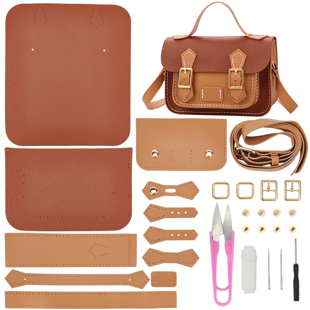 WADORN DIY Crossbody Bag Making Kits, PU Leather Shoulder Bag Sewing Set with Instruction Handmade Satchel Handbag Making Kit Purse Sewing Kit for Women Handicraft Gift, 9.8x3.5x6.7 Inch(Brown+Khaki)