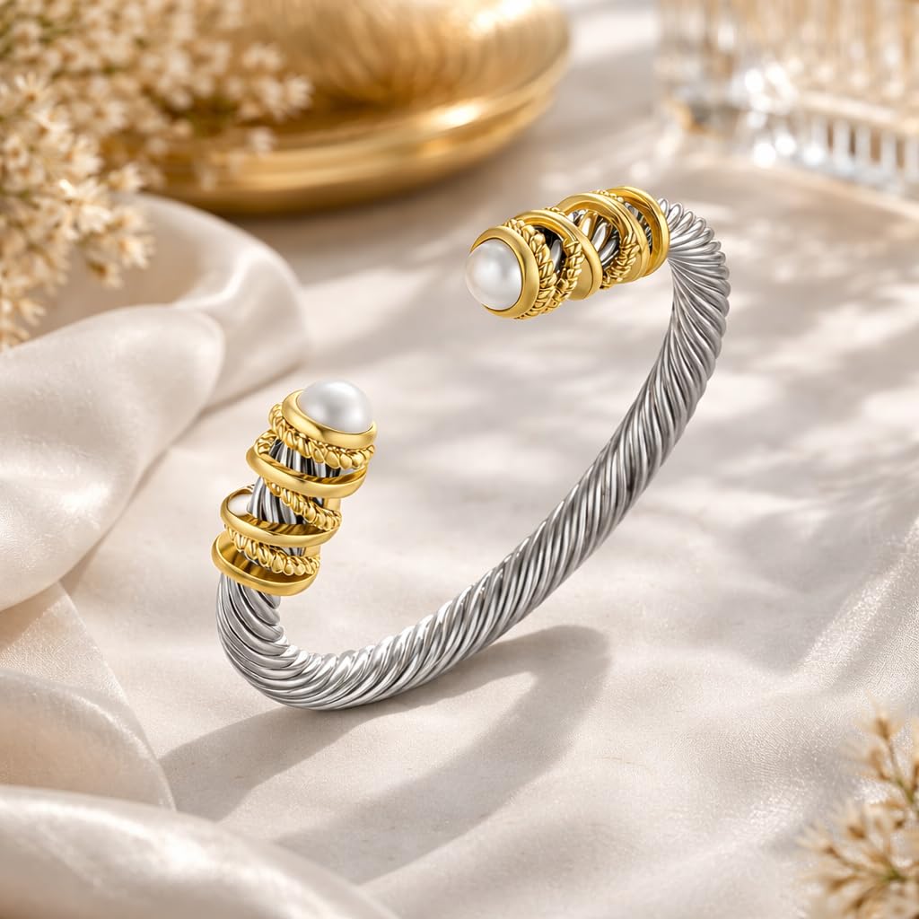 OSIRIDEH2 Elegant Twisted Cable Bangle Bracelet for Women - Open Cuff Classic Jewelry Gift for Anniversary, Valentine, Birthday (Twisted Gold)