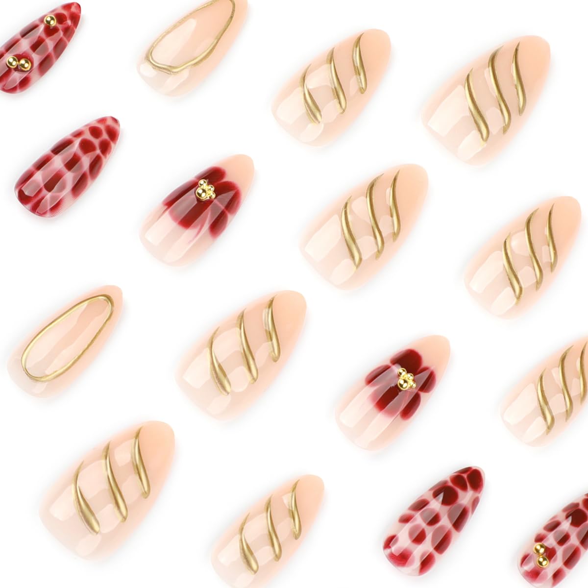Medium Almond Press on Nails - 3D Gold Line, Red Flower & Alligator Print Design, Full Cover Glossy Fake Nails 24PCS for Women