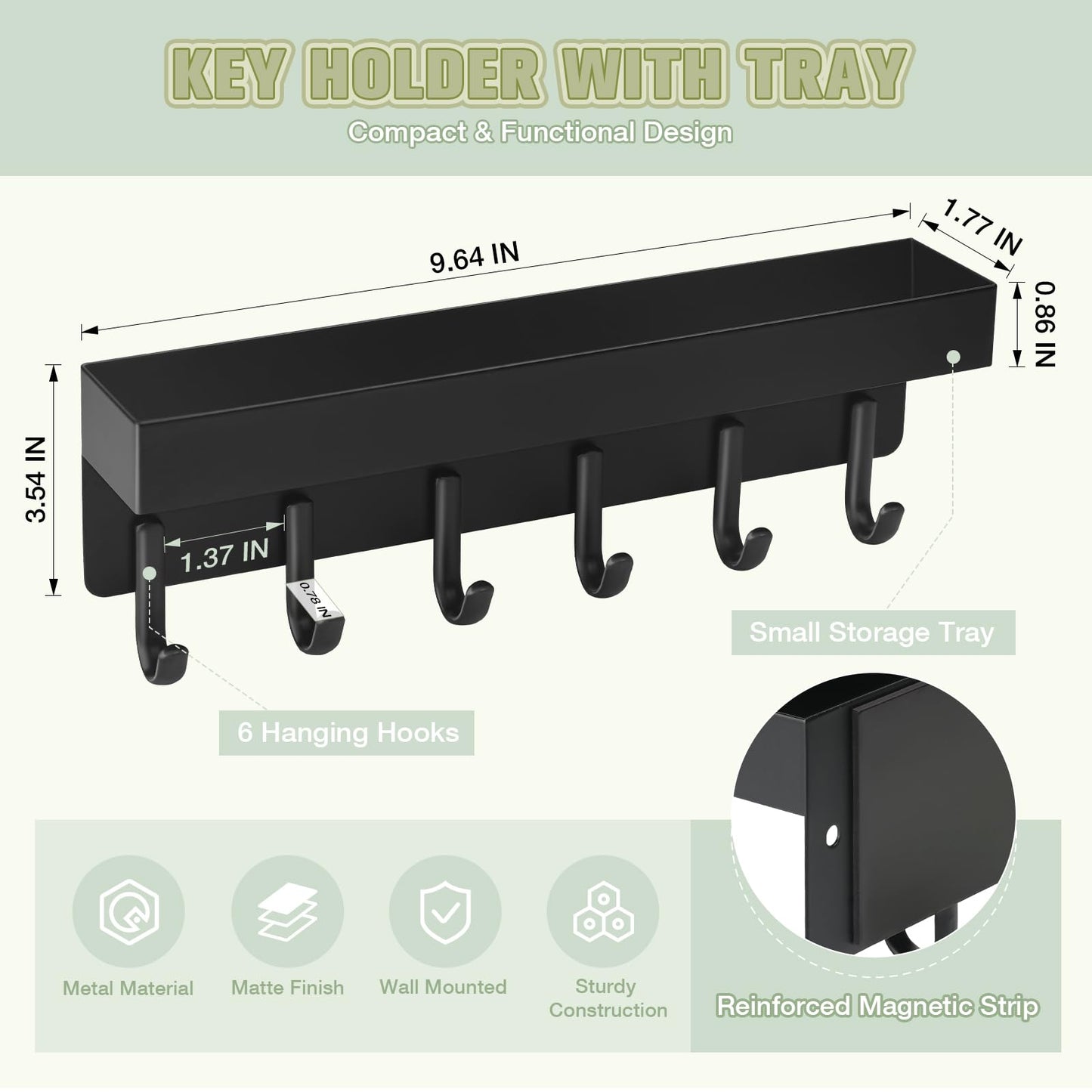 VIS'V Magnetic Key Holder Wall Mount, Compact Metal Key Rack with Tray, 6 Hooks, 2 Mount Options, Black