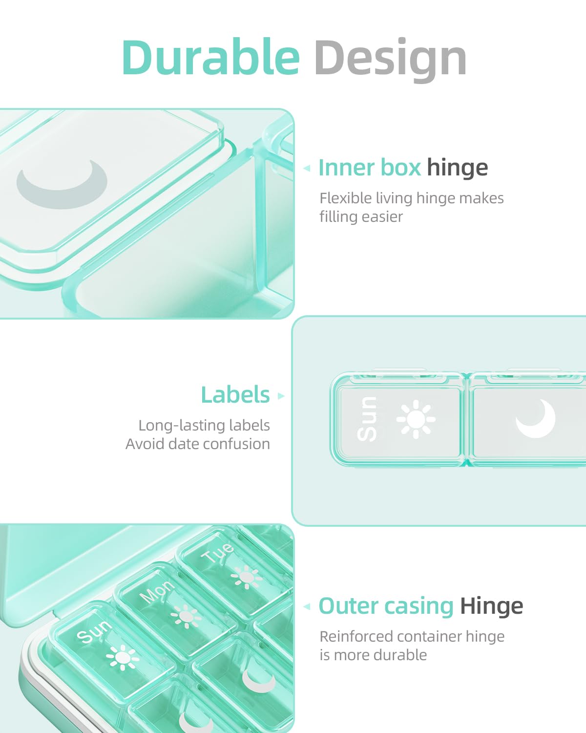 AM PM Pill Organizer 2 Times A Day, 7 Day Pill Box Weekly Pill Organizer Travel with Separate Container, Portable Daily Medicine Planner Dispenser Case for Vitamin, Fish Oils, Supplements（Green）