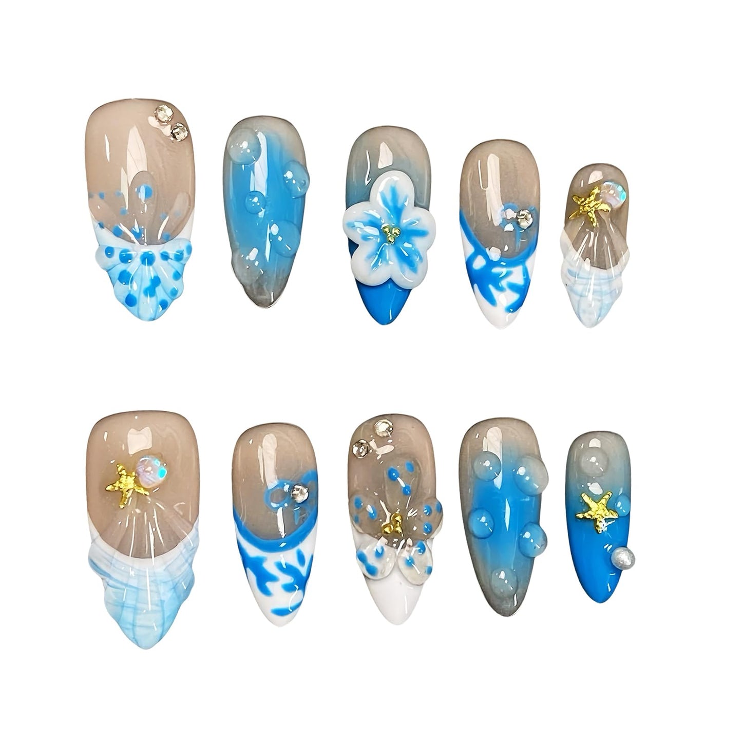 Handmade Press on Nails for Women - Medium Almond 3D Thick Acrylic Reusable Fake Nails with Designs Summer Floral Boho Funky Tropical Cute Nail-art Set 10pcs,blue-floral,S