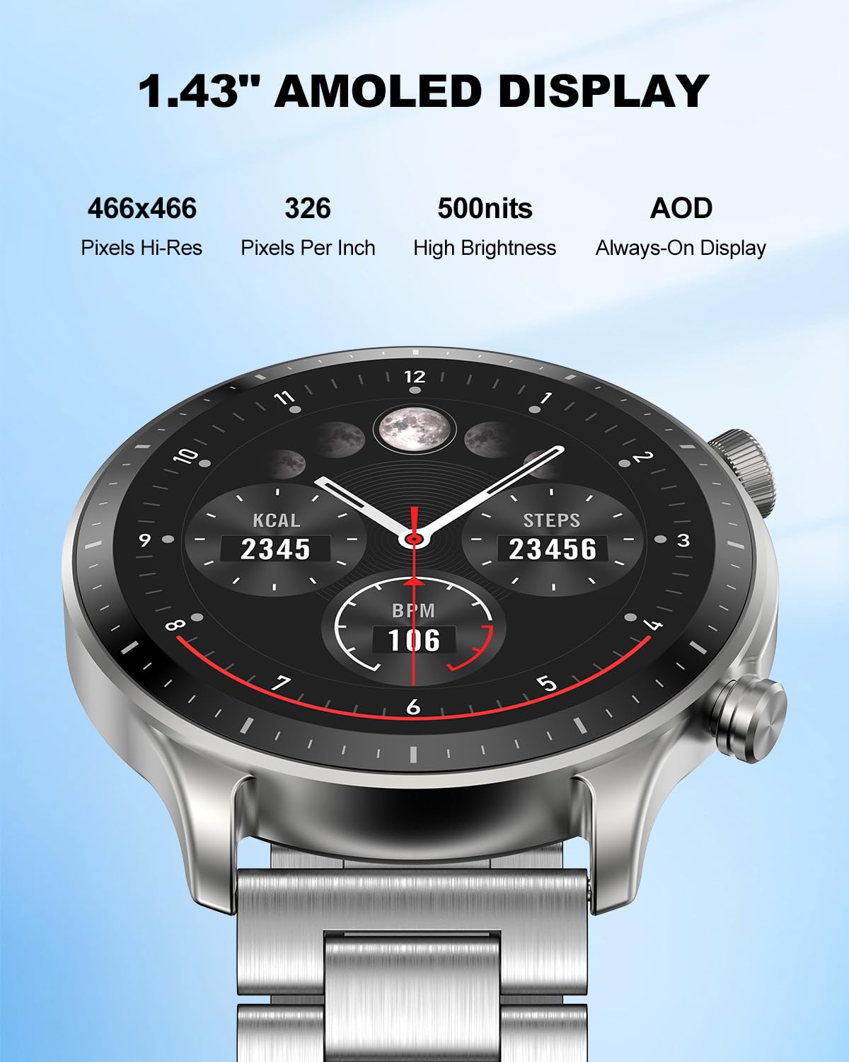 RIVERSONG Smart Watch for Men, 1.43" AMOLED Display with Bluetooth Calling, Heart Rate, Sleep, and SpO2 Monitor, 100+ Sports Modes, for iPhone/Android, Titanium Silver