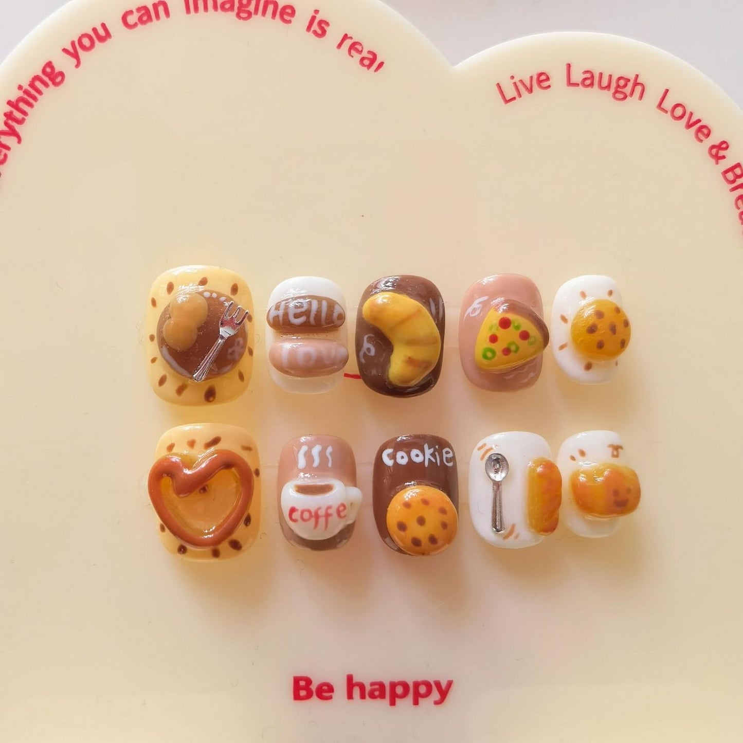 Cute Handmade Press on Nails Extra Short Square 3D Unique Reusable ABS Material Fake Nails Luxury Breakfast False Nails with Designs Bread Pizza Bread Art Glossy Glue on Nails Thick Acrylic Nails(M)