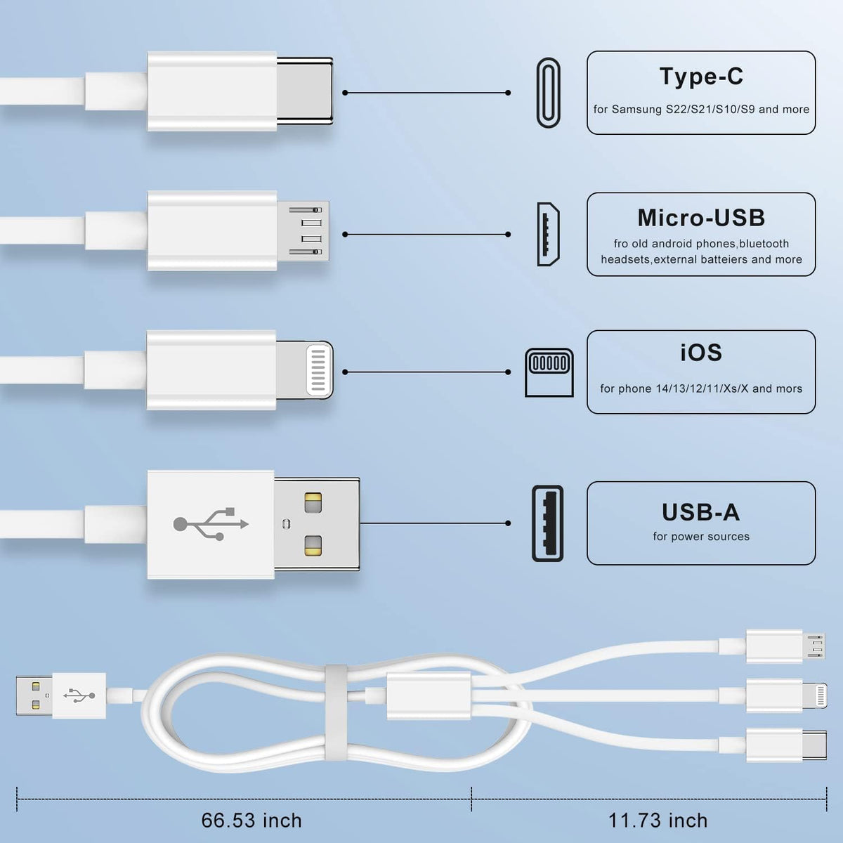 Multi Charger Cable 6Ft 2Pack, 3 in 1 Charging Cord, Universal Phone Charger, Multiple Charger Wire USB-A to Lightning/USB-Type C/Micro USB Connectors for Cellphone, Tablets and More (Charging Only)