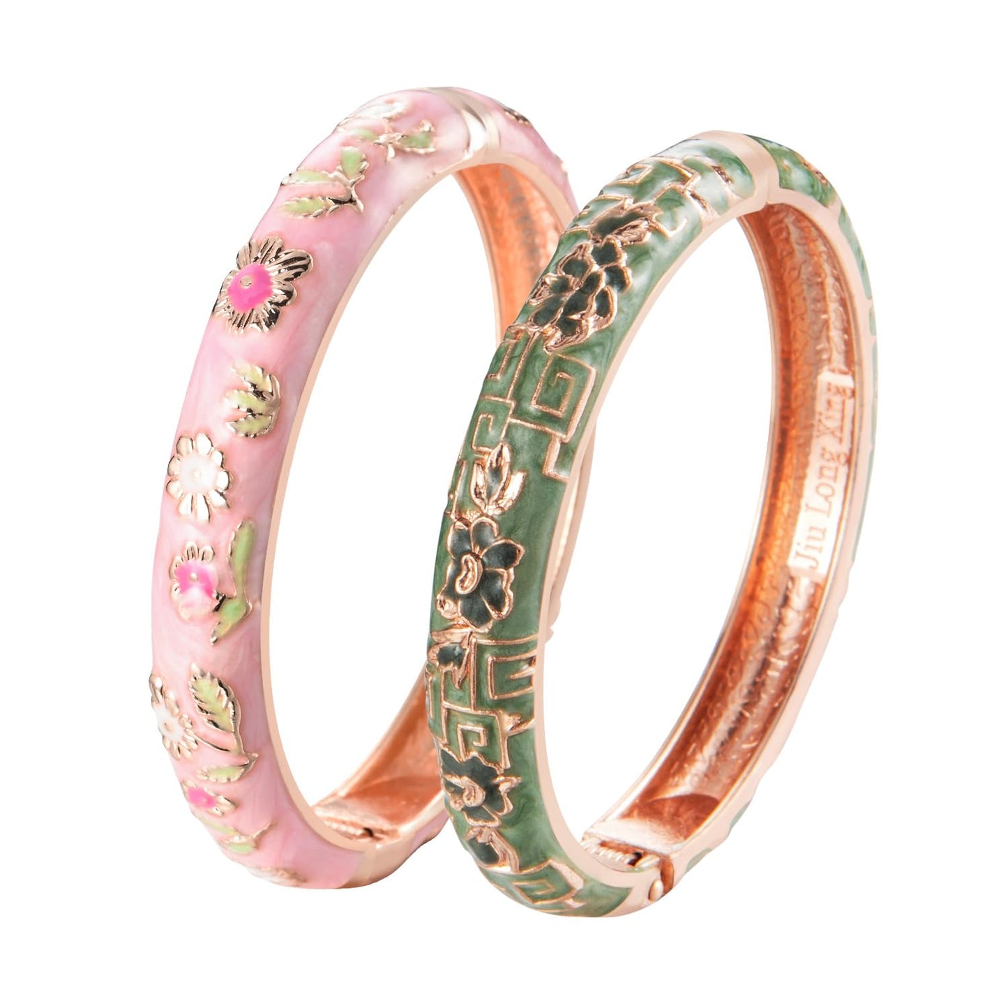 UJOY Gorgeous Bracelets Enameled Floral Cloisonne Gift Plated Cuff Bangles Jewelry Sets Box for Women 55A18-55A114 Pink Green