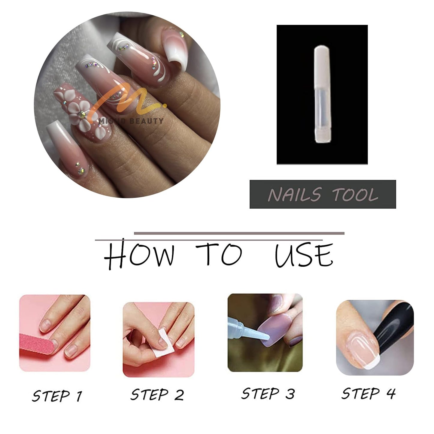MISUD Press on Nails - Long Coffin Fake Nails with Pink White Ombre, Acrylic Flower Rhinestone Design 24 pcs