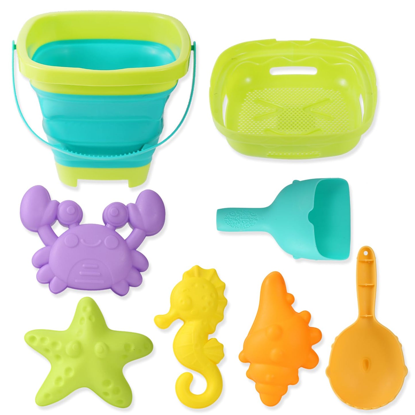 8 PCS Kids Foldable Pail Seabeach Sand Toys Sensory Playset, Portable Sandbox Digging Toys Including Bucket, Shovel, Spoon, 2 in 1 Shell Shark Teeth Sifter & Castle Building Sand Mold Kit for Children