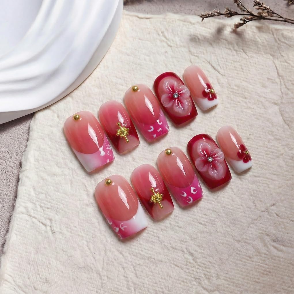 Handmade Press on Nails Pink Gradient French Tip Fake Nails with 3D Flower Design Luxury Short Square Handmade False Nail Muti-Layer Gel Thick Acrylic Nails for Women Manicuare (S)
