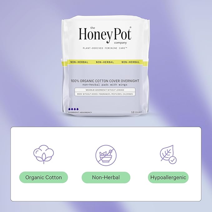 The Honey Pot Company - Sanitary Pads for Women - Non-Herbal Overnight w/Wings - Organic Cotton Cover, & Ultra-Absorbent Pulp Core - Feminine Care - FSA & HSA Eligible - 12 ct