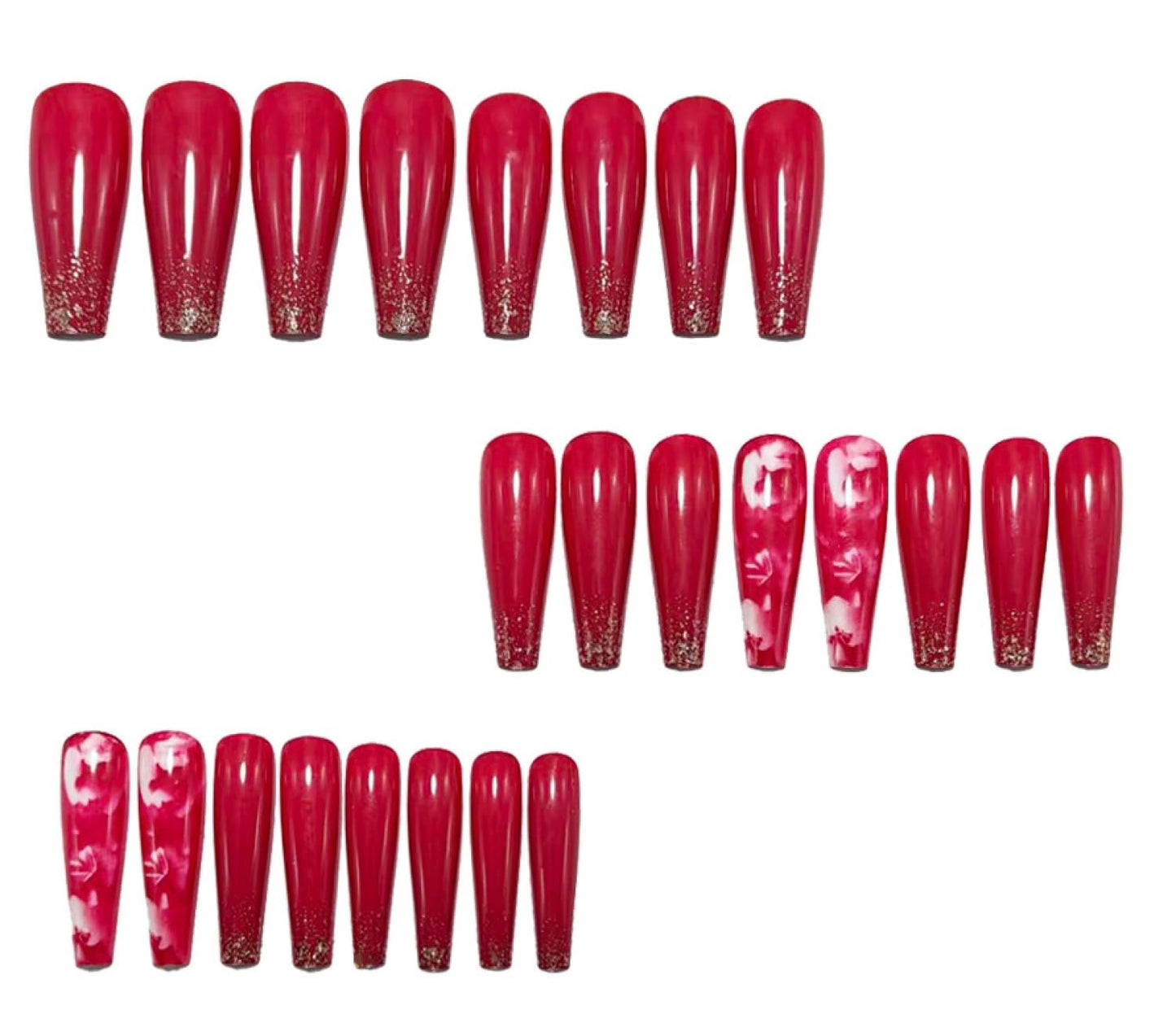 Chunmeng 24 Piece Long Ballet Armor Valentine's Day Rose Red Flower Sparkling Powder Detachable Nail Pressing Smooth, Fashionable Women's Artificial Nails Can Be Reusable