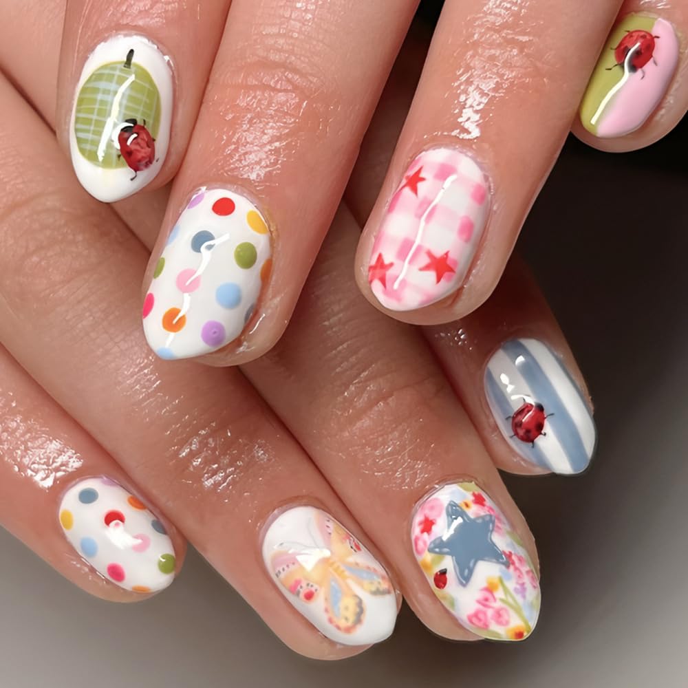 24Pcs Summer Press on Nails Short Oval Fake Nails QUNQINLI False Nails with Colorful Polka Dot Striped Ladybug Designs Acrylic Nails Press ons Full Cover White Glue on Nails Stick on Nail for Women