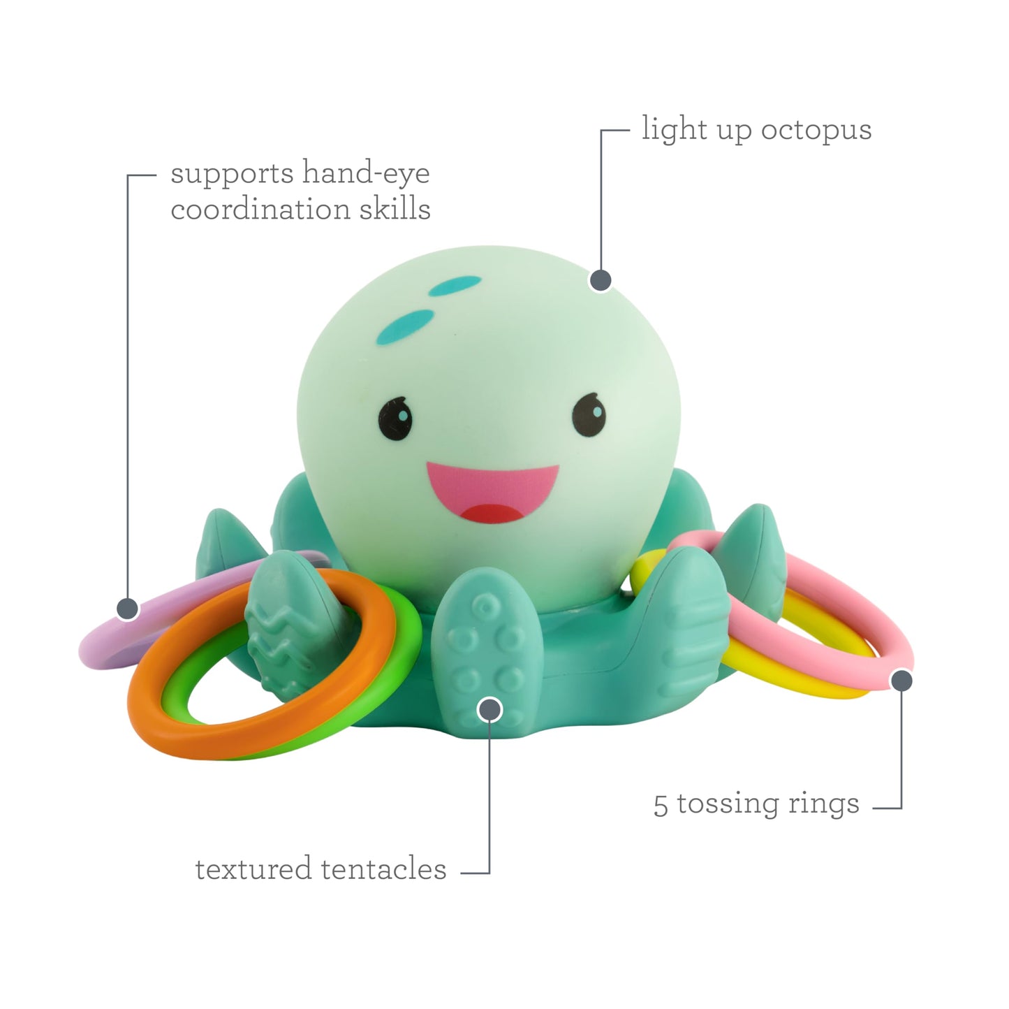 Infantino Light Up Ring Catcher - Illuminating Octopus with Five Tossing Rings for Fine & Gross Motor Skills in Babies & Toddlers, 6M+