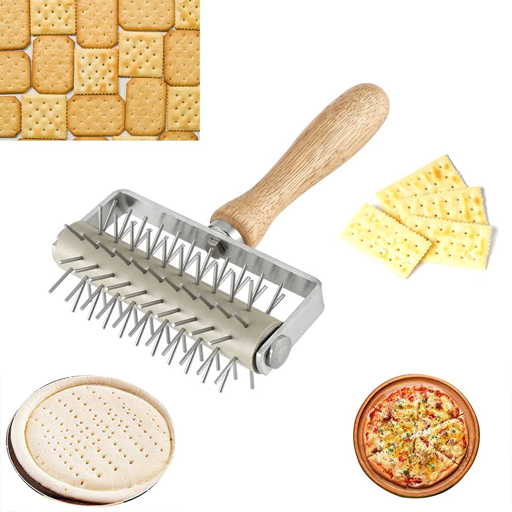 sktaotao Time-Saver Pizza Dough Roller Docker with Wood Handle, for Pizza Cookie Cake Pie Pastry Bread Dough (Stainless Steel)