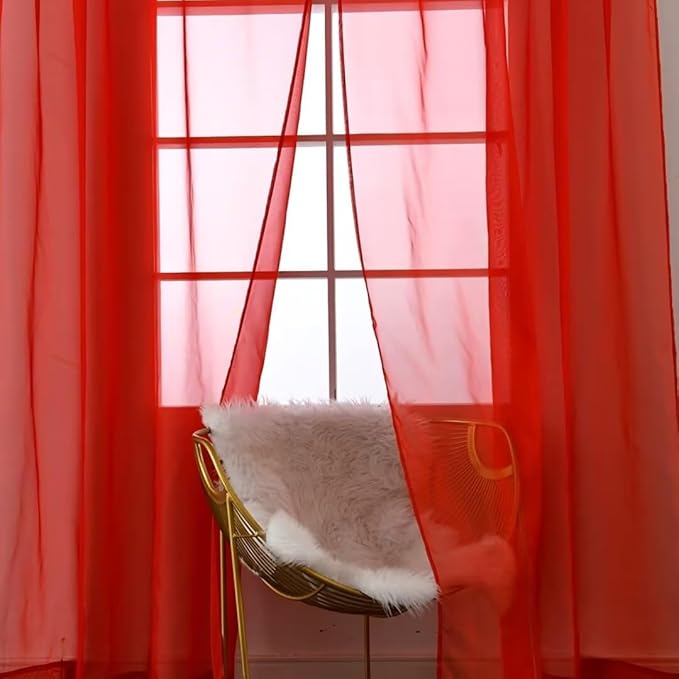 SpaceDresser Basic Rod Pocket Sheer Voile Window Curtain Panels Red 1 Pair 2 Panels 52 Width 96 Inch Long for Kitchen Bedroom Children Living Room Yard(Red,52 W x 96 L)