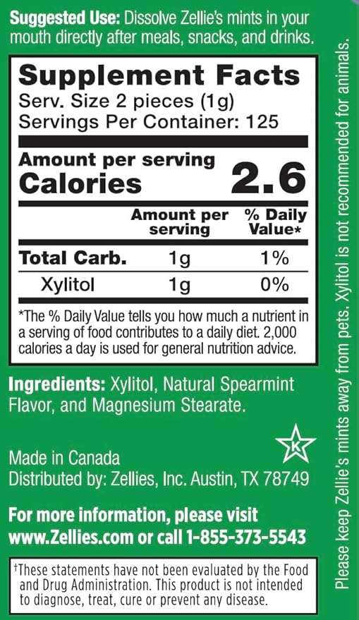 Zellie's | 100% Xylitol Spearmint Breath Mints | No Aspartame, Gluten Free, Vegan & Kosher Mints (250 Count - Pack of 1)