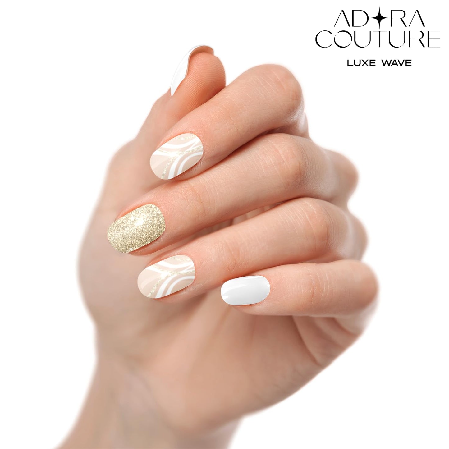 Adora Couture Semi Cured Gel Nail Strips with 20 Pieces - UV Gel Stickers, Manicure Kit, Easy Application Wraps Includes Prep Pads, Nail File, Wooden Stick - UV Light Required (Luxe Wave)