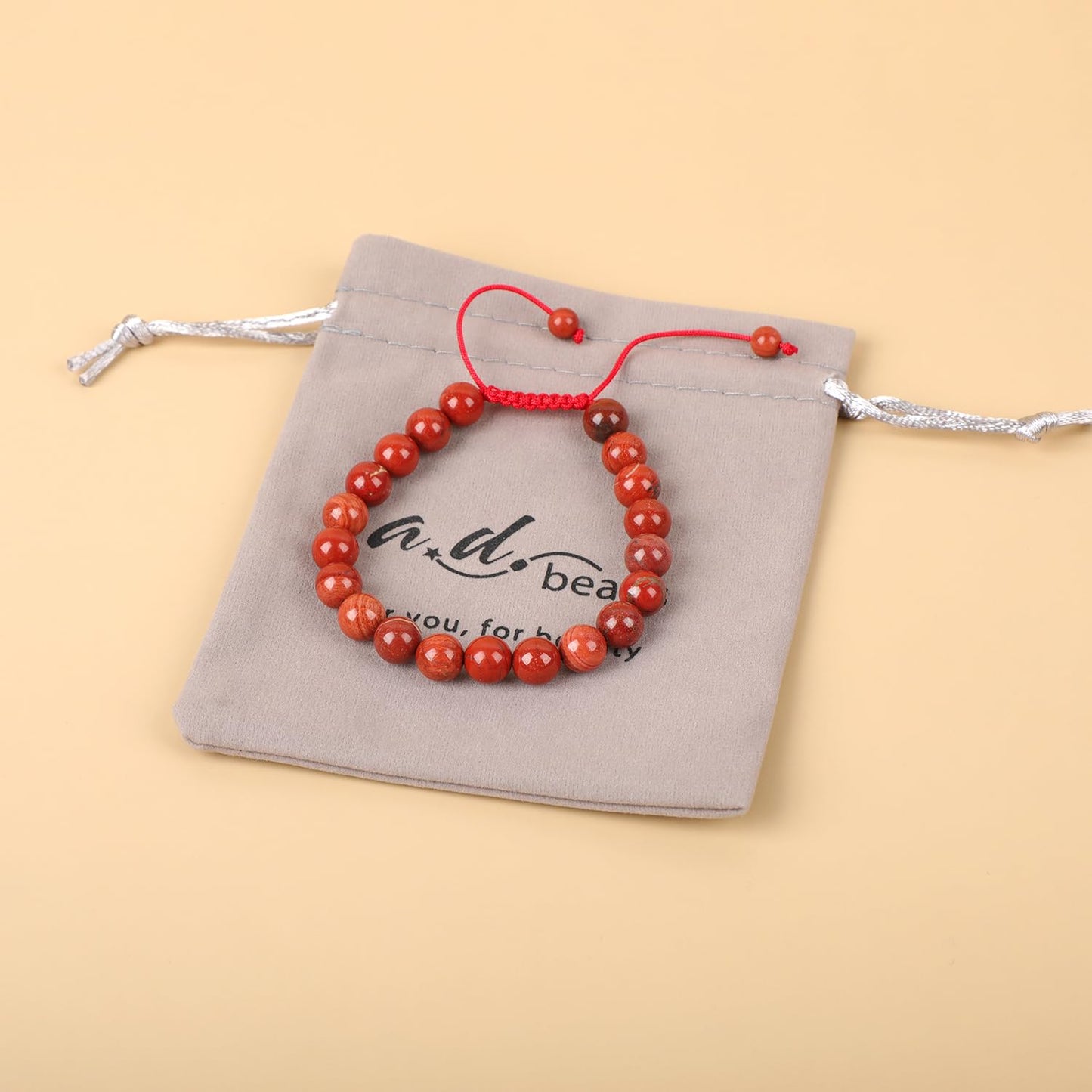 AD Beads Natural 8mm Gemstone Bracelets Healing Power Crystal Macrame Adjustable 7-9 Inch (Red Jasper)