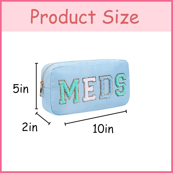 Chenille Letter Patch Nylon Medicine Packages,Cute MEDS Travel Makeup Bag with Metal Zipper, First Aid Purse Organizer Cosmetic Bag for Women and Girls(02Light Blue)